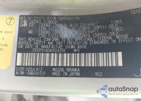 2004 Toyota Highlander Limited V6 из США, поврежденный, VIN JTEEP21A040024398